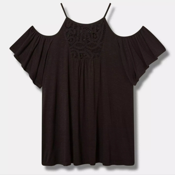 Torrid Casual Super Soft Slub High Neck Black Crochet Cold Shoulder Top XL - Picture 10 of 11